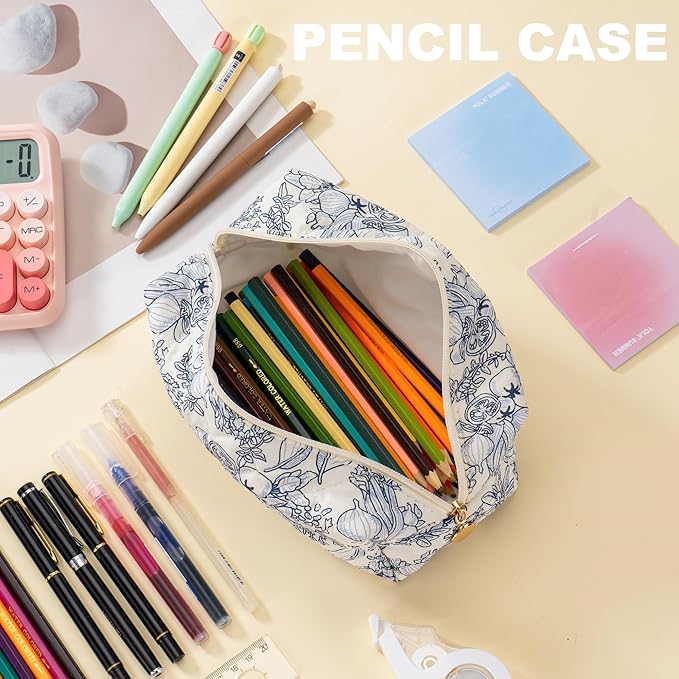 Makeup Bag Travel Toiletry Bag for Women, Small Cosmetic Bags Cute Quilted Cotton Makeup Pouch for Purse Emergency Bag for School Floral Pencil Case Accessory Bag, Light Cyan