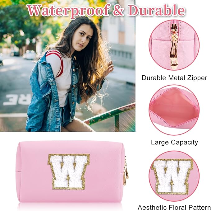 Personalized Initial Letter Patch Makeup Bag, Preppy Portable Chenille Cosmetic Bag with Zipper, PU Leather Waterproof Travel Toiletry Bag Monogram Make Up Pouch for Women Girls