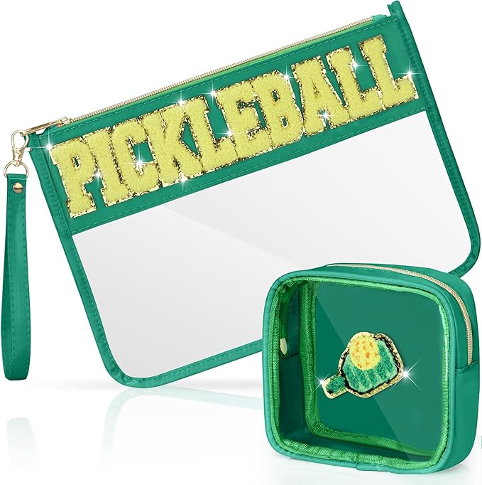 2 Pcs Pickleball Gifts Cosmetic Makeup Bag with Chenille Letter Patch, Clear Pouch PVC Organizer Purse, Waterproof Travel Bag, Portable Toiletry Storage Bag for Her Girls Friends Women