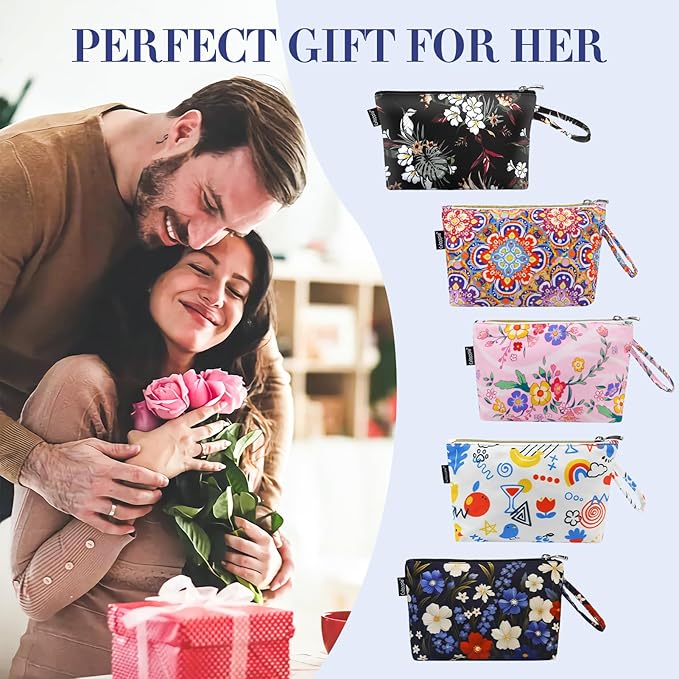 Gloppie Small Makeup Bag for Purse Lightweight Cosmetic Bag Floral Makeup Pouch for Women Blue Red Flower