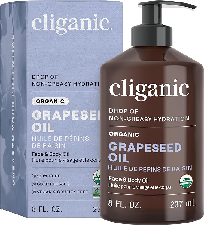 Cliganic Organic Grapeseed Oil, 100% Pure - For Skin, Hair & Face | Natural Cold Pressed Unrefined