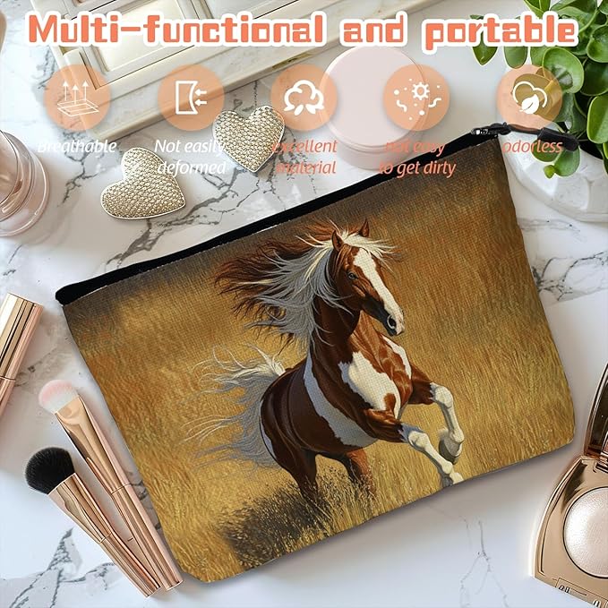 Cosmetic Bags Travel Makeup Toilet Case Waterproof Pouch for Women Girls 6.7X9.45inches - Horse Galloped on The Golden Grass