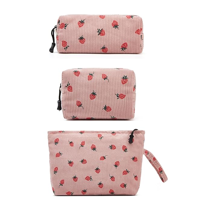 Makeup bag set small Cosmetic bag for women purse Corduroy Organizer with interior Pockets,cute Pencil zipper Pouch travel Toiletry Bag with handle((Strawberry Pink)