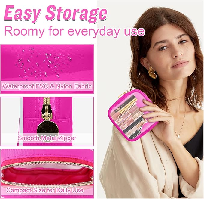 Mini Clear Travel Makeup Organizer Bag for Purse, Small Cute Makeup Bag Preppy Cosmetic Zipper Pouch Purse, Transparent PVC & Nylon Coin Pouch Sanitary Napkin Storage Bag for Women Men Girls(Hot Pink)