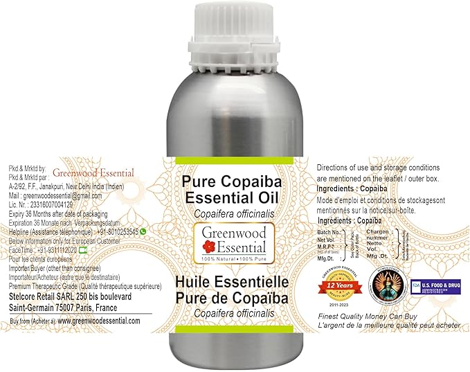 Greenwood Essential Pure Copaiba Essential Oil (Copaifera officinalis) Steam Distilled 300ml (10.1 oz)