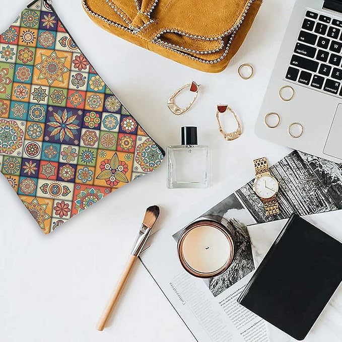 Makeup Bag Oriental Tile Cosmetic Bag Mini Portable Travel Toiletry Bag Organizer Makeup Brushes Aesthetic Accessories Waterproof Storage Bag for Women
