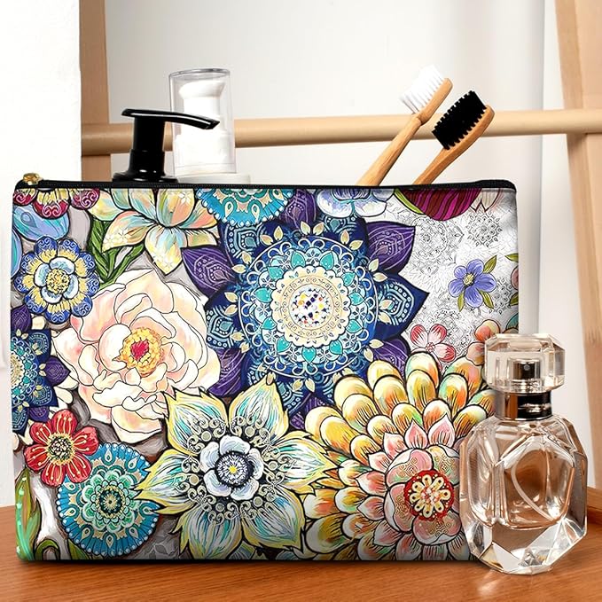 Cute Makeup Bag for Purse Waterproof Cosmetic Bags for Women Funny Smooth Zipper Travel Toiletry Pouch 10X8 Inches-Boho Floral Makeup pouch