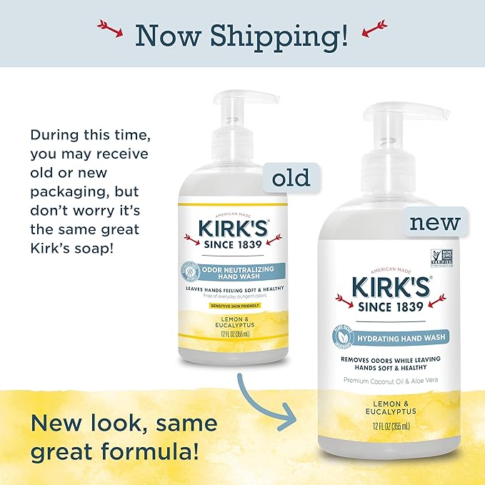 Kirk's Odor-Neutralizing Clean Hand Soap Castile Liquid Soap Pump Bottle | Moisturizing & Hydrating Kitchen Hand Wash | Lemon & Eucalyptus Scent | 12 Fl Oz. Bottle