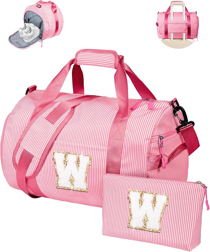 Sweet 16 Gifts, Girls Travel Duffle Bag, Kids Initial Overnight Bags with Shoe Compartment, Personalized Weekend Bag with Makeup Pouch, Dance Recital Gift for Daughter (Letter W)