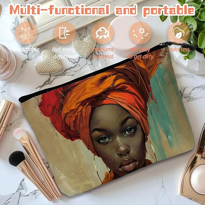 Cosmetic Bags Travel Makeup Toilet Case Waterproof Pouch for Women Girls 6.7X9.45inches - Orange Turban And The Intense Gaze of A Lady