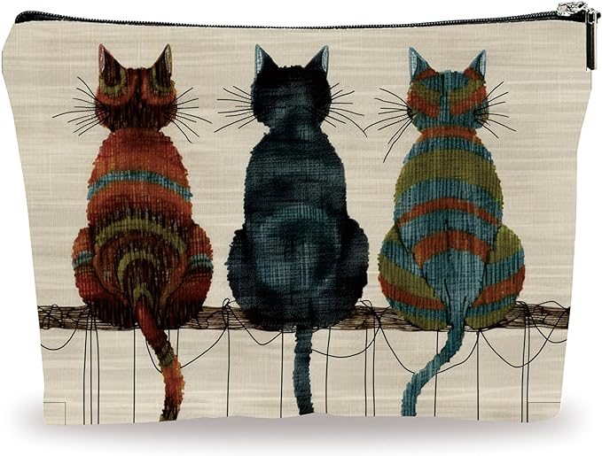 Retro Makeup Bag - Three Cute Cats - Art Drawing Theme Cosmetic Bag, Toiletry Bag, Gift For Girls, Besties, Personal Care & Accessories(Back) - A24