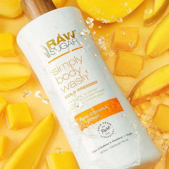 RAW SUGAR Simply Body Wash Variety Trio (25 Fl Oz, Pack of 3) Vegan Bath & Shower Gel, Raw Coconut + Mango, Pineapple + Maqui Berry + Coconut and Watermelon + Fresh Mint, No Sulfates & Parabens
