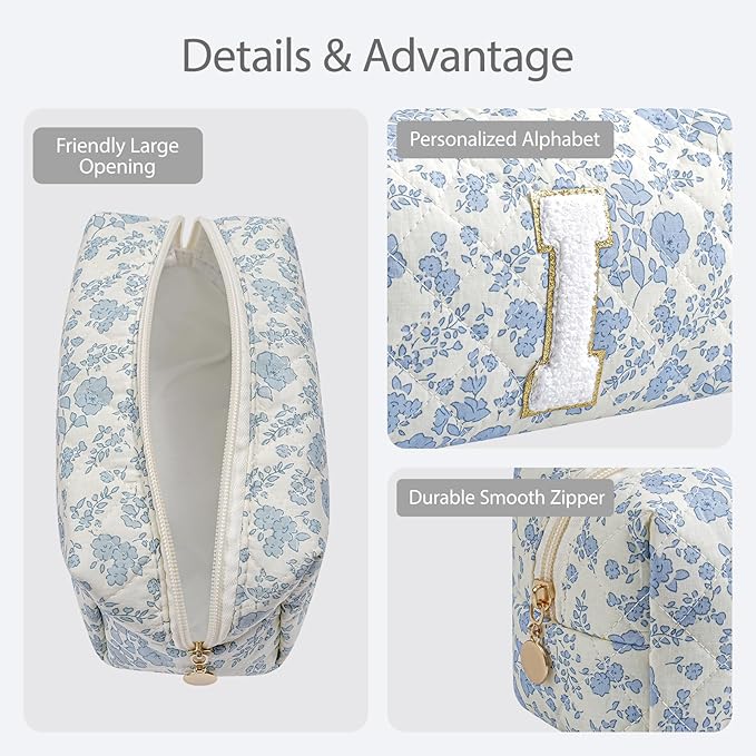 Gleyemor Personalized Initial Makeup Bag for Women, Cute Quilted Blue Floral Cotton Cosmetic Bag, Christmas Gifts for Her Mom Friend Sister Bridesmaid Teacher Women I