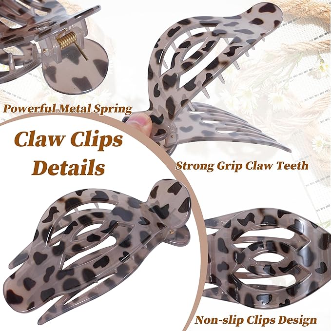 AWAYTR 6Pcs Upgrade Large Flat Hair Claw Clips for Women Girls, 5" Non-slip Duckbill Hair Clips for Long, Thick, Thin Hair, Comfortable for Driving & Lying Down (Glossy (Leopard Print))