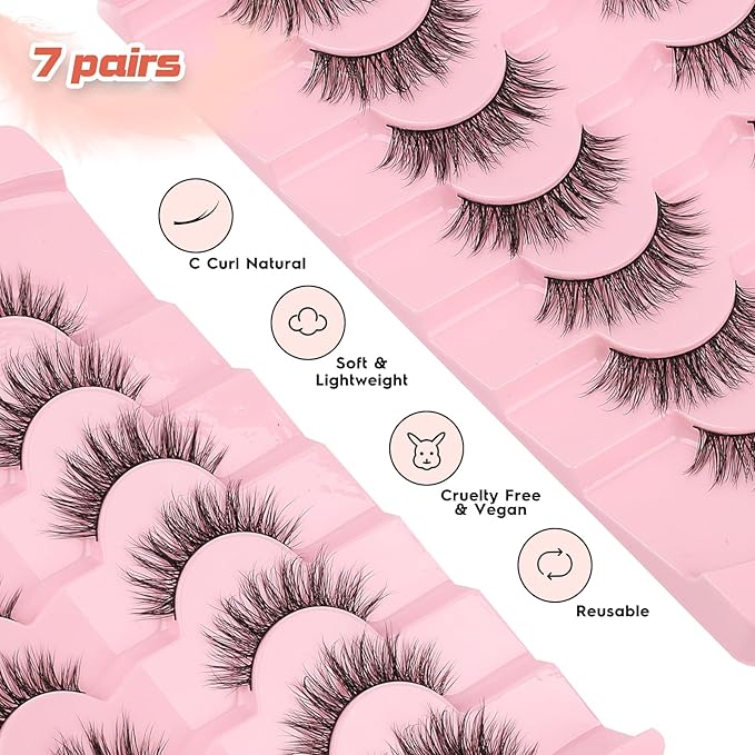 Wispy Lashes False Eyelashes 16mm Strip Lashes Fluffy Eyelashes C Curl Lash Strips Fake Eyelashes Natural with 0.1MM Thin Cotton Band Siligli 3D Volume Eyelash Pack 7 Pair