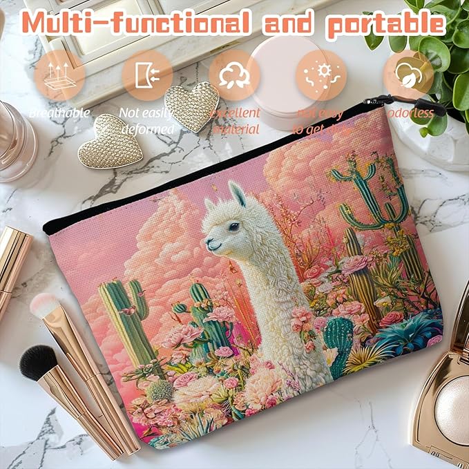 Cosmetic Bags Travel Makeup Toilet Case Waterproof Pouch for Women Girls 6.7X9.45inches - White Alpaca Stand BetweenFlowers And Cacti