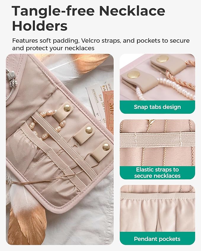 BAGSMART Travel Jewelry Organizer Case A Initial Foldable Jewelry Roll for Journey Rings, Necklaces, Earrings, Bracelets,Mini,Letter A,Soft Pink
