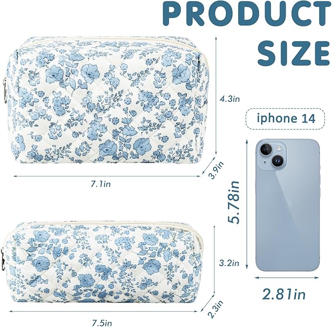 2Pcs Floral Makeup Bag for Women Cotton Quilted Small Coquette Cosmetic Bag Cute Zipper Blue Flower Makeup Pouch Aesthetic Portable Pencil Case Travel Toiletry Bag Trendy Cloth Skincare Bag