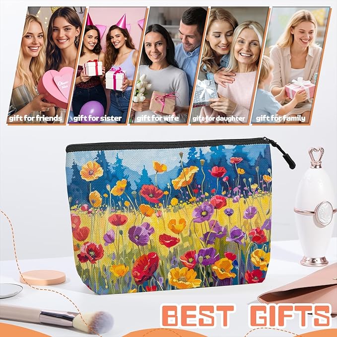 Cosmetic Bags Travel Makeup Toilet Case Waterproof Pouch for Women Girls 6.7X9.45inches - Oil Painting of A Colorful Poppy Field