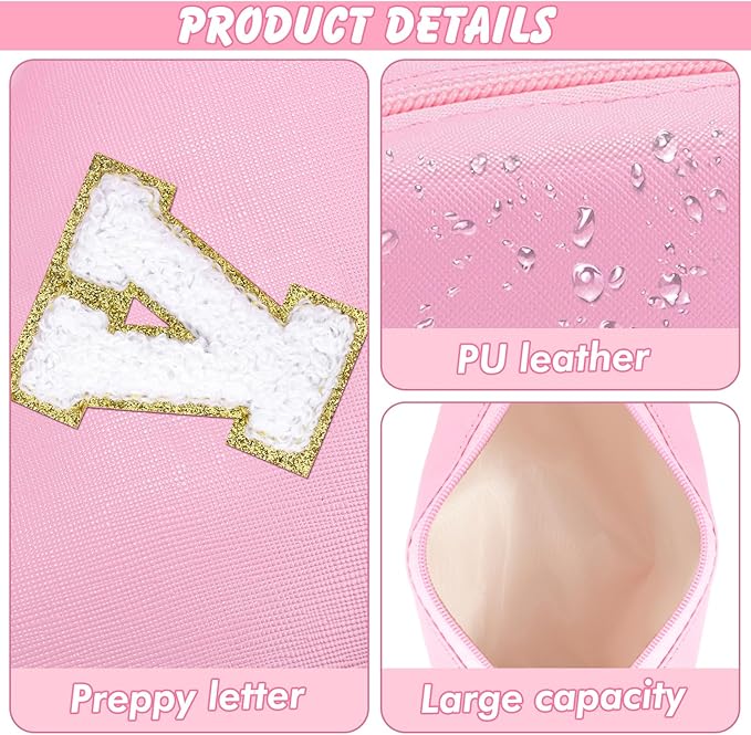 Initial Makeup Bag Personalized Preppy Travel Small Cosmetic Bag Cute PU Pink Chenille Letter Makeup Pouch for Purse Waterproof Zippered Toiletry Organizer for Women Girls Kids Friends (V)