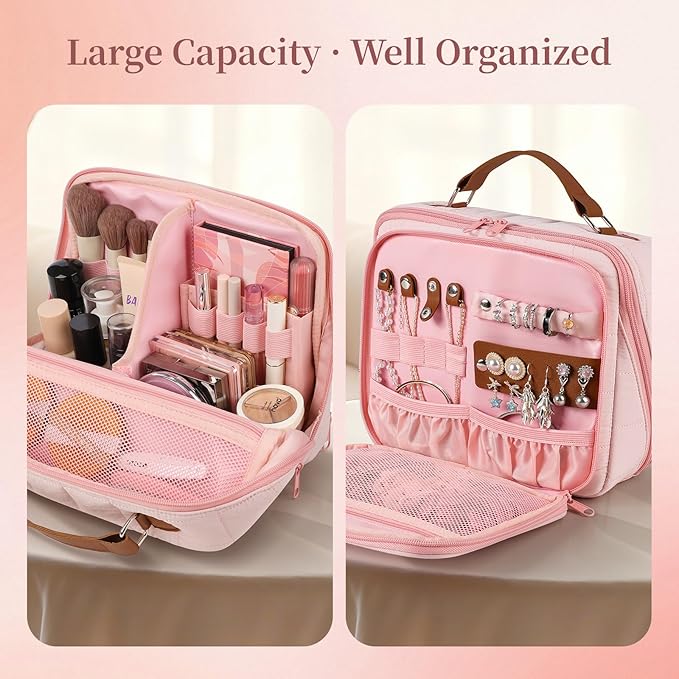 MOKURA Quilted Makeup Bag, Large Capacity Cosmetic Bag with Jewelry Organizer, Portable Make up Pouch, Waterproof Travel Toiletry Case with Compartments, Gifts for Women Girls, Pink
