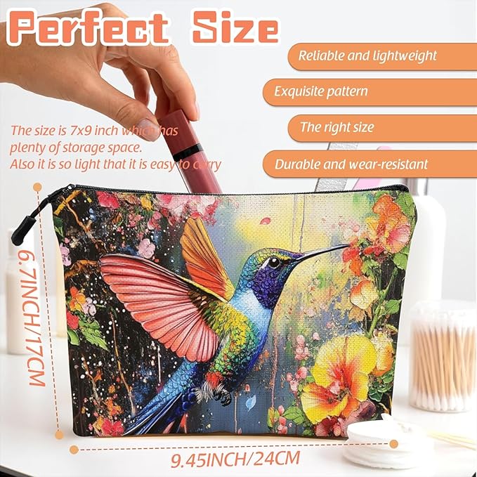 Cosmetic Bags Travel Makeup Toilet Case Waterproof Pouch for Women Girls 6.7X9.45inches - Colorful Hummingbird in A Floral Flight