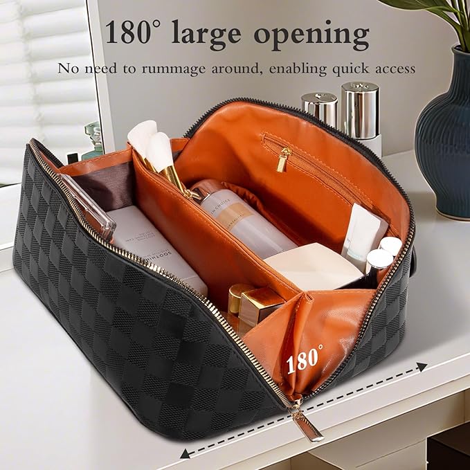 Abiudeng Travel Makeup Bag,Large Capacity Toiletry Bag Cosmetic Bags for Travel Essentials,Waterproof Portable Pouch Open Flat Makeup bag Organizer with Divider and Handle(Checkered-Black)