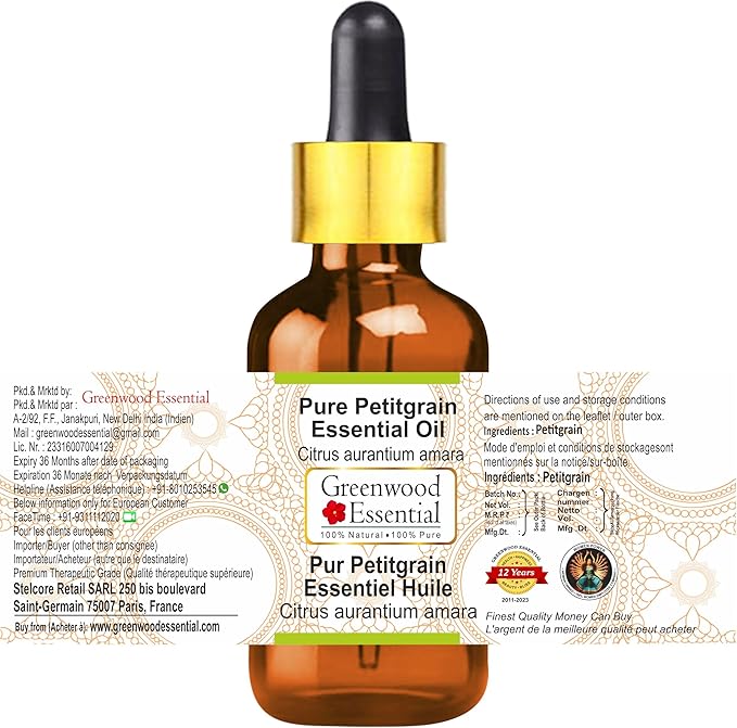 Greenwood Essential Petitgrain Essential Oil (Citrus aurantium Amara) with Glass Dropper | Pure | Non-Sticky | Non-Greasy | Lightweight | Men & Women | All Skin Types | Steam Distilled 10ml (0.33 oz)