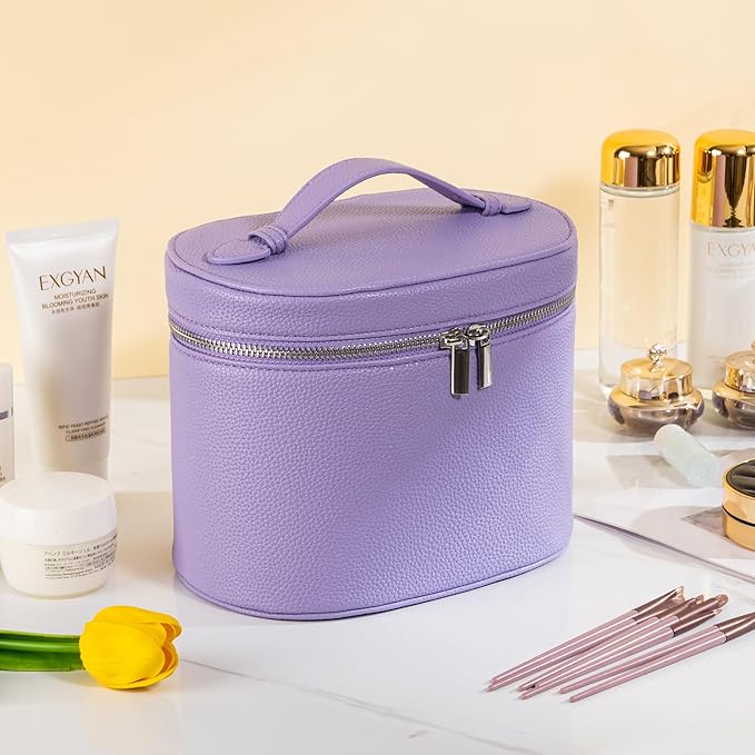 Makeup Bag Vanity Case Cosmetic Bag with Removable Divider Travel Toiletry Bag for Women Portable Make up Box Organizer, Purple