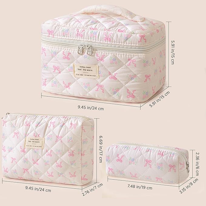 HBselect Quilted Makeup Bag, 3PCS Cotton Large Travel Makeup Bag, Cute Floral Coquette Make up Bag Cosmetic Bag Toiletry Bag for Women Girls