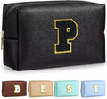 TOPEAST Personalized Makeup Bag, Chenille Letter Pouch Cosmetic Bag w Zipper, PU Leather Waterproof Toiletry Bag, Bridal Shower Gifts for Bridesmaids, Cute Stuff for Girls (Black P)