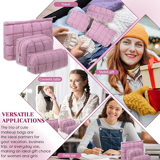 3 Pcs Puffy Makeup Bag Quilted Cosmetic Pouch for Women Cute Checkered Travel Toiletry Bag Puffer Makeup Organizer Purse Pouch Preppy Pencil Case with Zipper(Nude Pink)