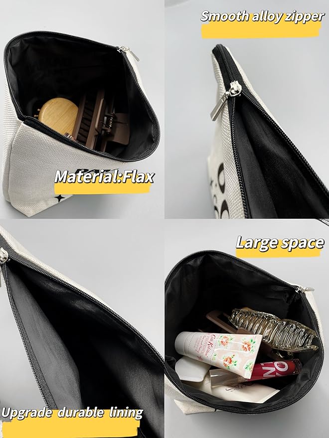 Cat Makeup Bag - Cute Cosmetic Pouch for Cat Lovers, Black Kitty Design, Hi Kitty Gift for Women (Bluish Blue, Beige)