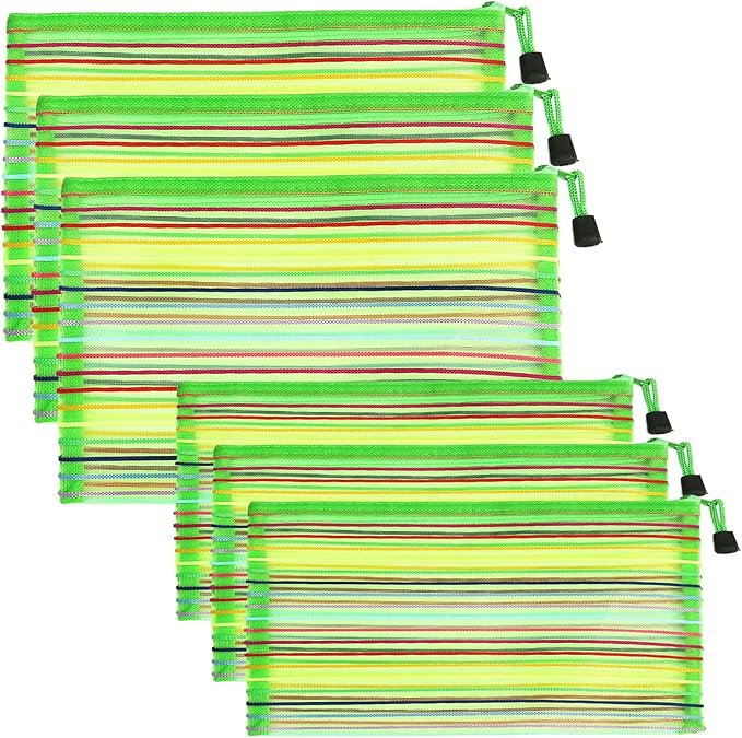 Mesh Bags with Zipper (6 Pack), Nylon Makeup Bag Cosmetic Pouches Travel Organizer Case for Purse Diaper Bag Home Organizing Striped Multi Size Green