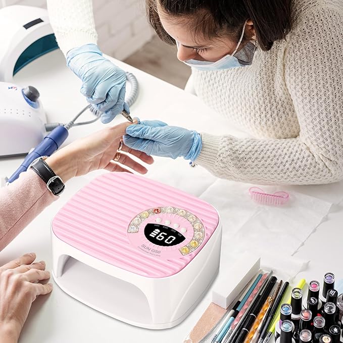 LIMEGIRL UV LED Nail Lamp Kit for Gel Polish Professional Fast Curing Pink Dryer Light Set with 45PCS Lamp Beads and Gloves Cordless Rechargeable Nail Art Cure Machine for Manicure Pedicure