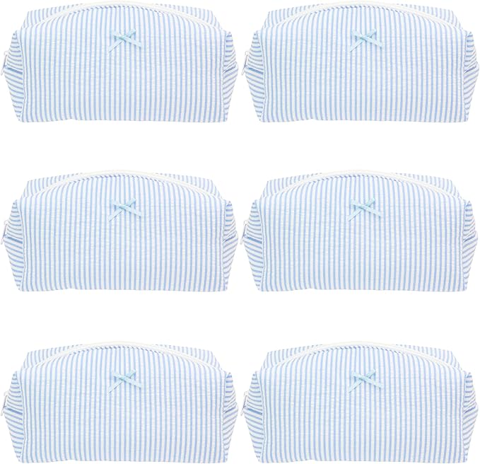 PAZIMIIK 6PCS Cozy Makeup Bag SET Travel Cosmetic Bag for Women Soft Toiletry Bag Aesthetic Makeup Organizer Portable Large Zipper Pouch for Skincare Beauty Accessories Brushes Stripe Blue