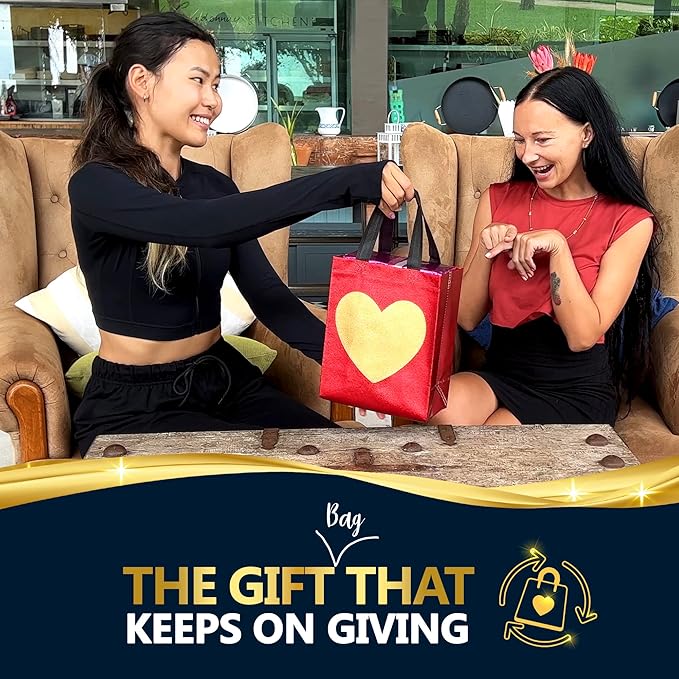 Nush Nush Gold Heart in Red Gift Bags Medium Size - Set of 12 Reusable Heart Gift Bag with Handles - Ideal Goodie Bag for Anniversary, Engagement, Wedding, Birthday, Valentines Day - 8x4x10