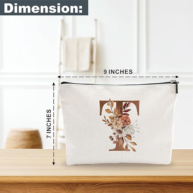 A-Z Boho Personalized Cosmetic Bag-Floral Cotton Letter Makeup Bag With Zipper-Artistic Cosmetic Bag For Travel-Bride,Birthday Gift For Women Daughter Friends-Women Makeup Organizer-A20