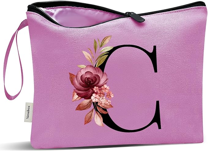 Vavabox A-Z Personalized Makeup Bag, Birthday Gifts for Women Mom, Gifts for Best Friend, Bride Bridesmaid Cosmetic bag (C, Purple)