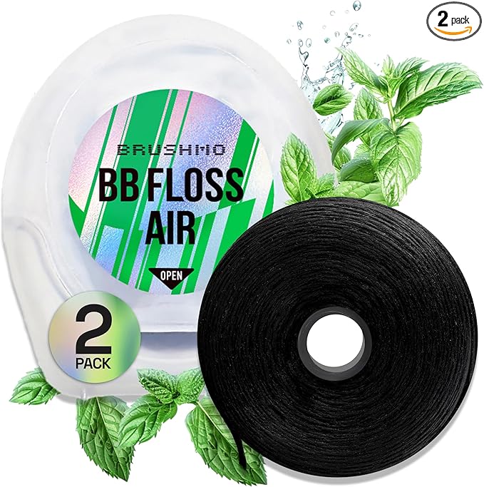 Brushmo Black Floss Air (BB Floss Air) - Ultra Soft & Thin Expanding Gum-Friendly Soothing Mint Dental Floss, Natural Wax Helps Remove Plaque from Teeth, Dentist Designed PTFE & PFAS Free, 110 yd