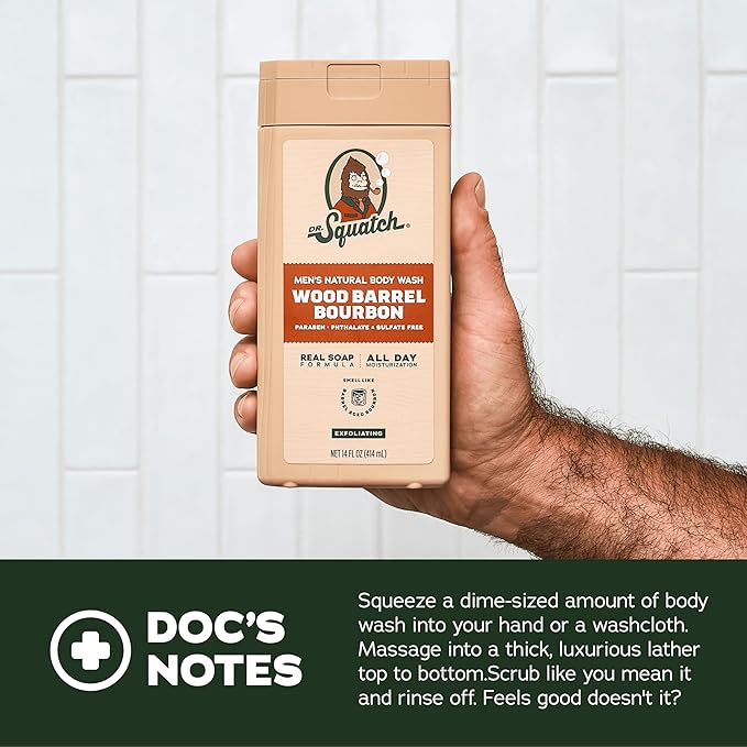 Dr. Squatch NEW Body Wash for Men with Nourishing, Natural Ingredients | No Paraben, Phthalate, Sulfate | All Day Moisture | Long Lasting Scent | Pine Tar & Wood Barrel Bourbon (14 oz, 2-Pack)