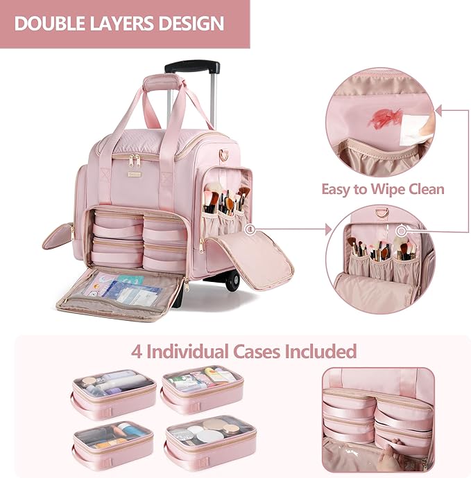 Rolling Makeup Case with 4 Removable Bags, Professional Makeup Train Case with Wheels, Makeup Artist Travel Bag with Brushes Storage Section, Pink (Patent Design)