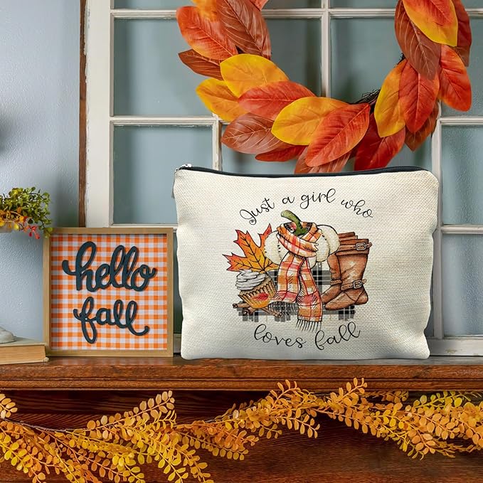 Just a Girl Who Loves Fall Makeup Bag, Fall Gifts for Women, Fall Lovers Gifts, Autumn Pumpkin Coffee Cosmetic Bag for Women, Fall Themed Gifts, Womens Makeup Bag, Fall Makeup Pouch