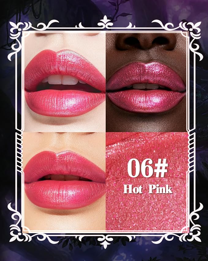 Glitter Metallic Shimmer Lipstick, Hot Pink Lipstick Long Lasting, Diamond High Pigmented Shiny Metallic Lip Stick, Non-sticky Sparkly Lipsticks for Women Christmas Makeup-06 Hot Pink