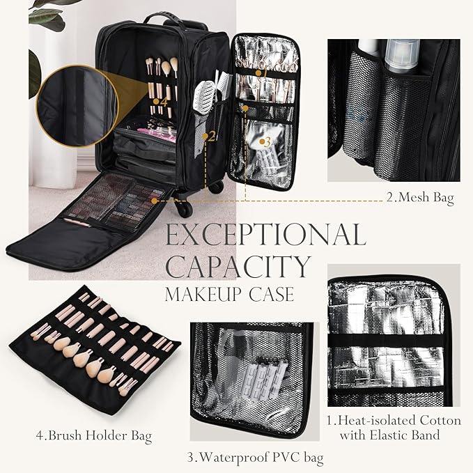 Stagiant Rolling Makeup Case Professional Travel Makeup Organizer Make up Storage Cosmetic Trolley Suitcase Makeup Storage