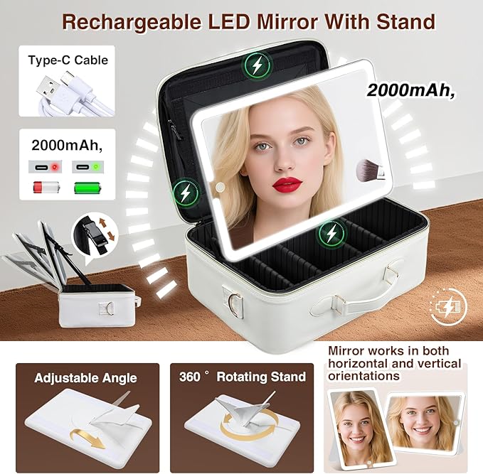 Large Makeup Bag with LED Mirror,Travel Cosmetic Train Case for Makeup Artists,Makeup Organizer Case with Divider Rechargeable Vanity Mirror with 3 Color Lights for Barber,MUA,Nail Tech, Beige