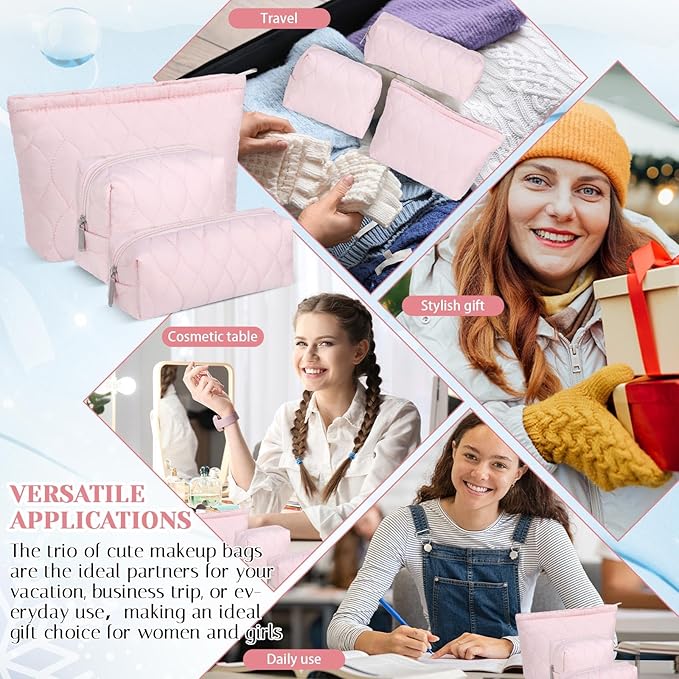 3 Pcs Puffy Makeup Bag Quilted Cosmetic Pouch for Women Cute Water drop Travel Toiletry Bag Puffer Makeup Organizer Purse Pouch Preppy Pencil Case with Zipper(Light Pink)