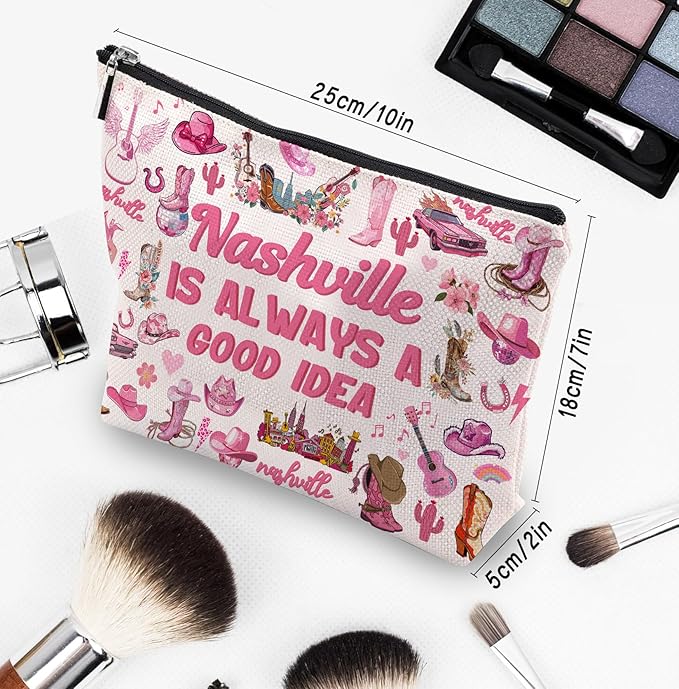 Nashville Travel Gifts Makeup Bag, Nashville Lover Accessories Souvenirs, Country Music Gifts for Traveller Women Friends, Birthday Bachelorette Party Favors Women Trip Cosmetic Bag Pouch
