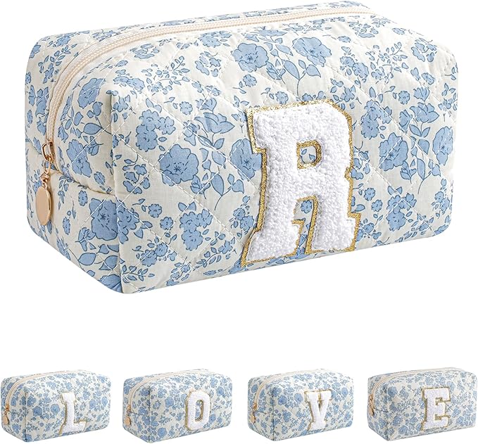 JOVAKIT Alphabet Makeup Bag Cosmetic Bag for Women, Christmas Gifts for Girls Age 6-18, Floral Flowers Coquette Travel Toiletry Zipper Make Up Pouch Organizer Trendy Stuff (Blue Floral R)