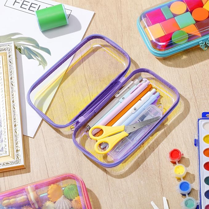 Sanwuta 6 Pcs Clear Hard Zipper Case Hard Plastic Zipper Pouches Makeup Bag Pencil Pouches Transparent Cases for Snacks Plastic Storage Organizer Box for Travel(Holographic,7.48 x 3.94 x 2 Inch)